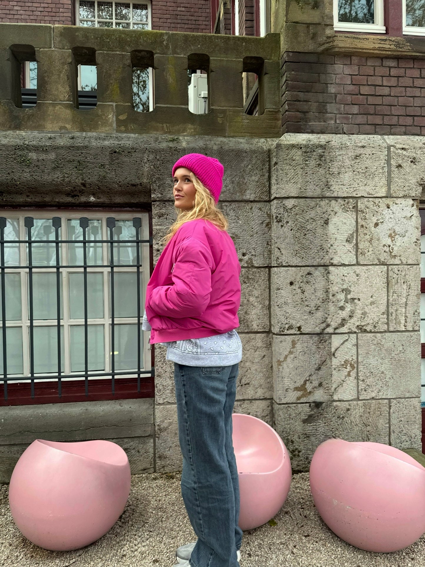 Roze bomerjas met teddystof