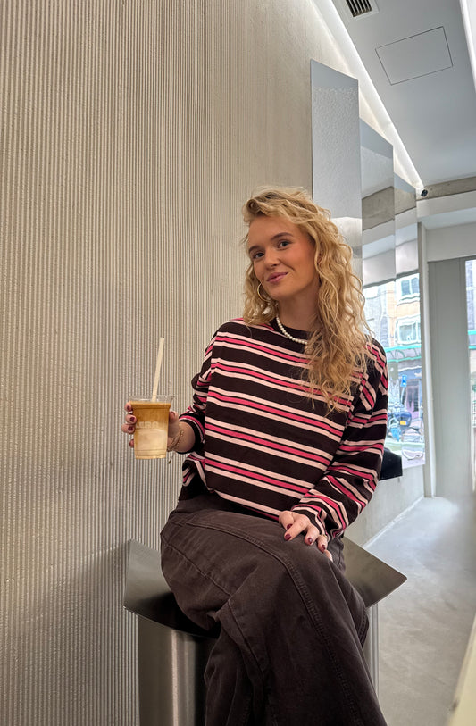 Bruine pullover met licht roze en donker roze strepen voor dames