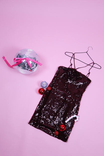 Bordeauxrode glitter jurk met roos