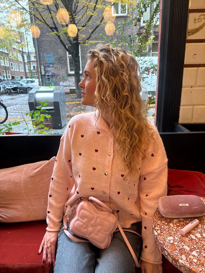 Roze pullover met rode hartjes en gouden details