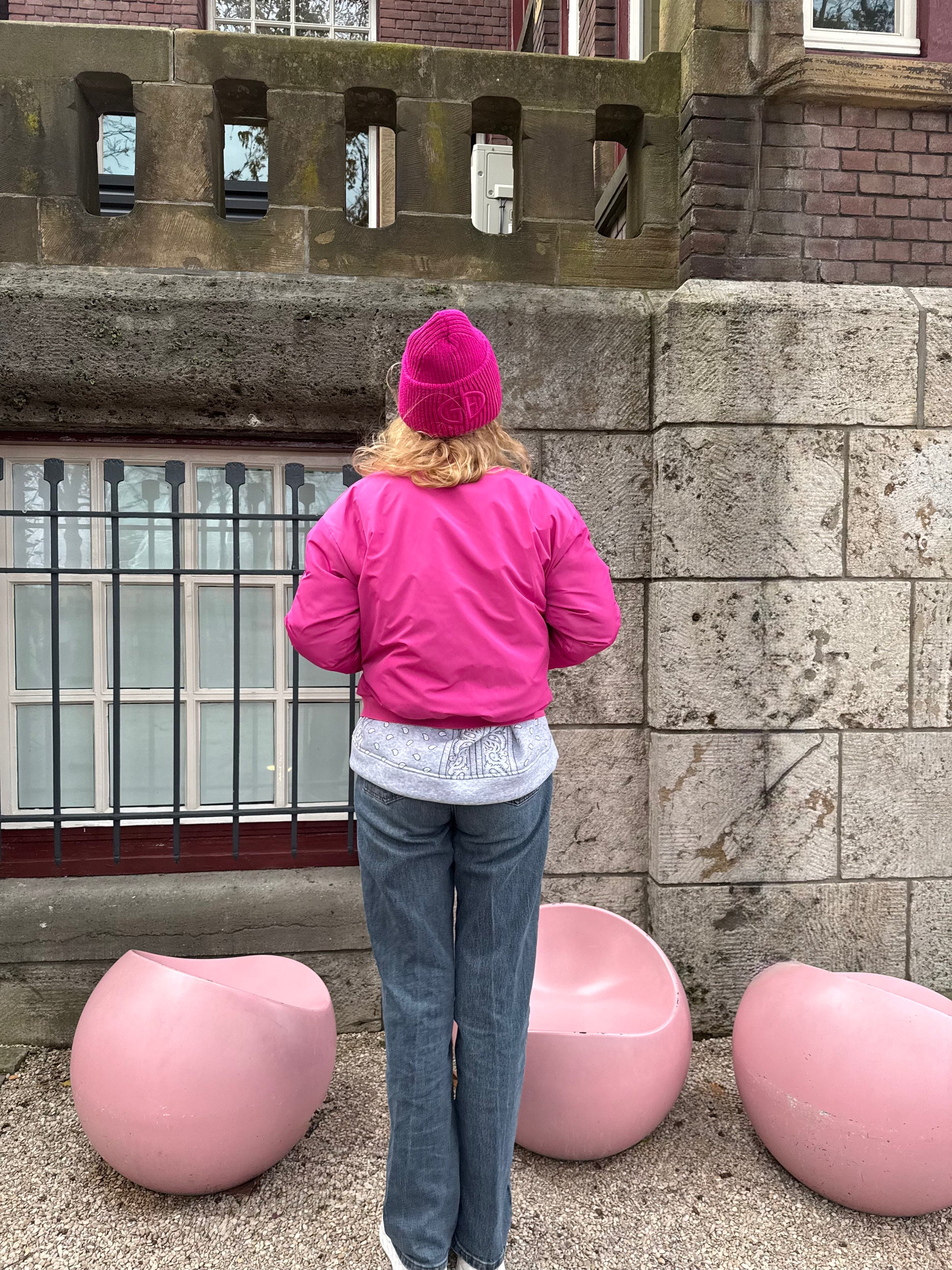 Roze bomerjas met teddystof